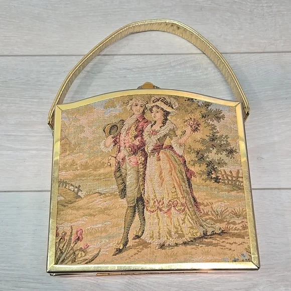 Vintag1960s TYROLEAN Bag Tapestry Cloth Embroidered Puffed Puffy Victorian Purse - Picture 2 of 13